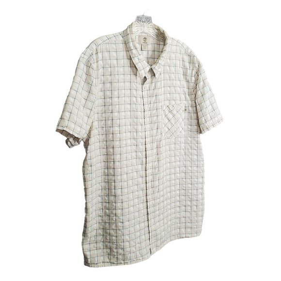 Timberland Mens Sz XXL Shirt Slim Fit Button Up Textured Camp 100% Cotton Plaid - Picture 1 of 7
